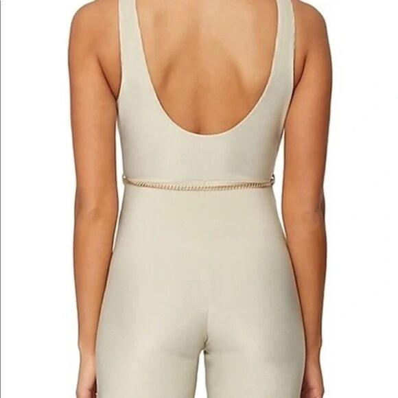 Revolve WeWoreWhat Beige Chain Romper Unitard Belted Ribbed Khaki Bodysuit - Picture 3 of 12